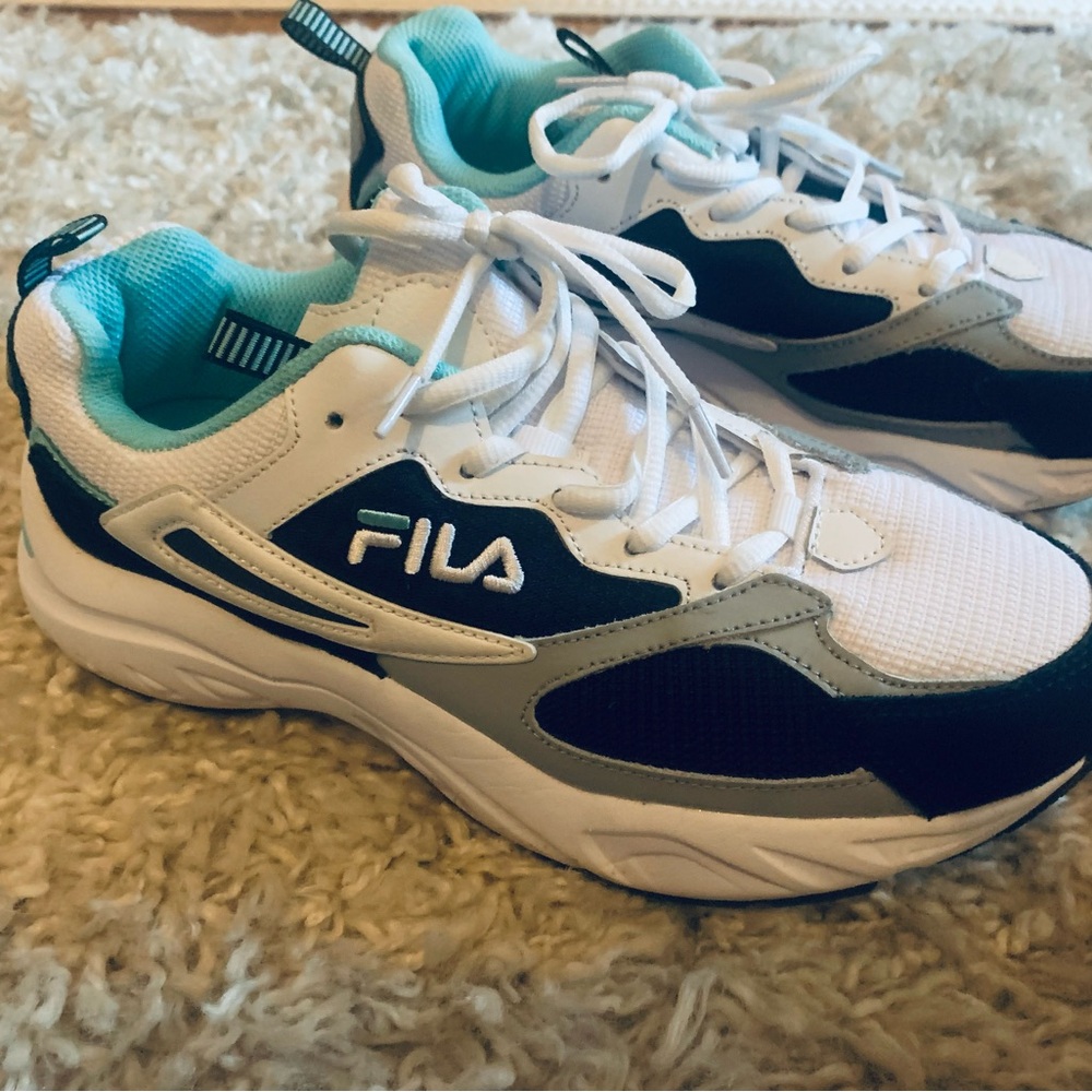 Fila White, Aqua, and Black Athletic Shoes